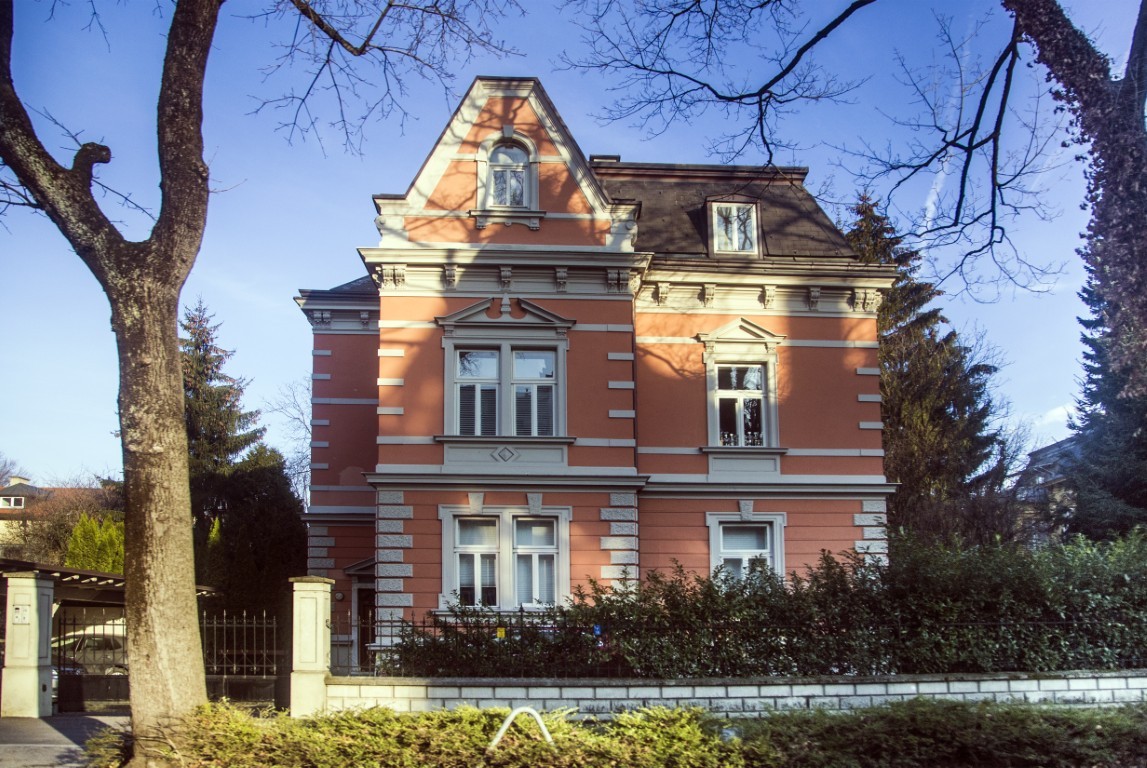 Innsbruck, Austria 11 Jan, 2020: A view of an orange modern country house