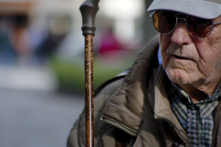 A Blind man close up with a walking stick.