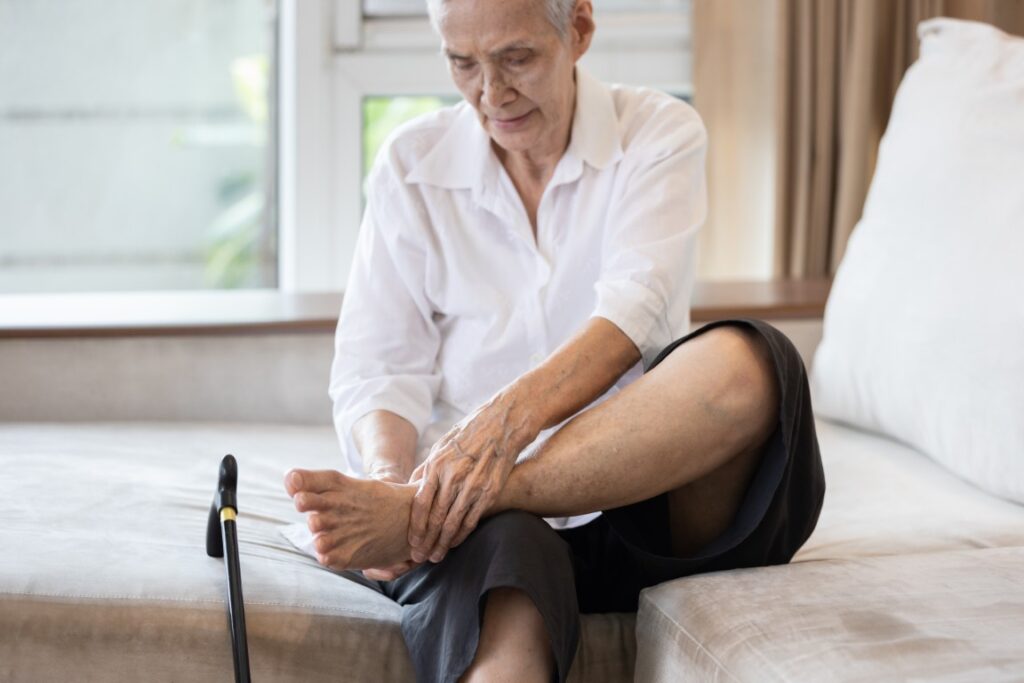 Old elderly with foot injuries,ankle bone diseases,heel pain or